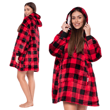 Nikcorp Deka s rukavima 2u1, topla oversize majica s kapuljačom, debela šerpa podstava, za odrasle i mlade, crveno-crni karirani uzorak