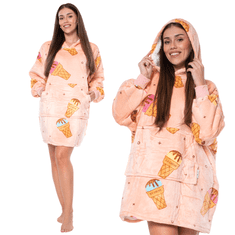 Nikcorp Deka majica s kapuljačom 2u1, topla i udobna, oversize kroj, debela sherpa podstava, za odrasle i mlade, roza sa sladoledom