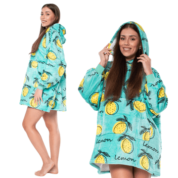 Nikcorp Deka majica s kapuljačom 2u1, topla i udobna, oversize kroj, debela sherpa podstava, džep, zelena s limunima