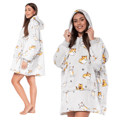 Nikcorp Deka majica s kapuljačom 2u1, topla i mekana, podstavljena sherpom, oversize kroj, siva s uzorkom mačaka