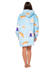 Nikcorp Deka majica s kapuljačom 2u1, topla i udobna, oversize kroj, debela sherpa podstava, veliki džep, plava sa sushi uzorkom