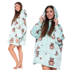 Nikcorp Deka majica s kapuljačom 2u1, topla i udobna, podstavljena šerpom, oversize kroj, veliki džep, plava s medvjedićima