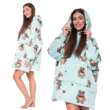 Nikcorp Deka majica s kapuljačom 2u1, topla i udobna, podstavljena šerpom, oversize kroj, veliki džep, plava s medvjedićima