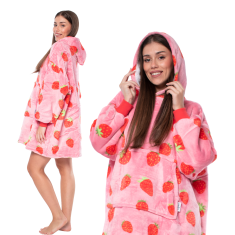 Nikcorp Deka majica s kapuljačom 2u1, topla i udobna, debela sherpa podstava, oversize kroj, veliki džep, roza s jagodama