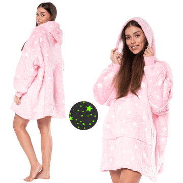 Nikcorp Deka s rukavima 2u1, topla oversize majica s kapuljačom, podstavljena debelim sherpa flisom, za odrasle i mlade, roza sa zvijezdama