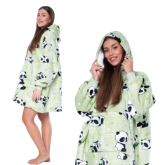 Nikcorp Deka majica s kapuljačom 2u1, topla i udobna, oversize kroj s velikim džepom, debela sherpa podstava, zelena s pandama