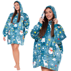 Nikcorp Deka majica s kapuljačom 2u1, topla i udobna, debela sherpa podstava, oversize kroj, veliki džep, plava sa snjegovićima