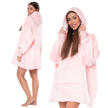 Nikcorp Deka majica s kapuljačom 2u1, topla i udobna, podstavljena debelim sherpa flisom, s velikim džepom, univerzalna, roza