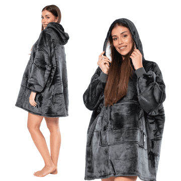 Nikcorp Deka majica s kapuljačom 2u1, topla i udobna, oversize XXL, podstavljena debelim sherpa flisom, s klokan džepom, crna