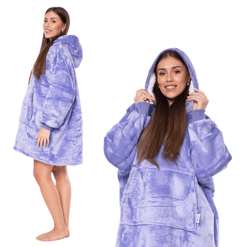 Nikcorp Deka s rukavima 2u1, topla oversize XXL majica s kapuljačom, debela šerpa podstava za zimu, ljubičasta