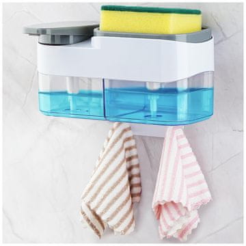 Nikcorp Dozator za sapun 2u1 s držačem spužve, zidni ili samostojeći, 2x500ml, za kuhinju i kupaonicu, prozirno-crni