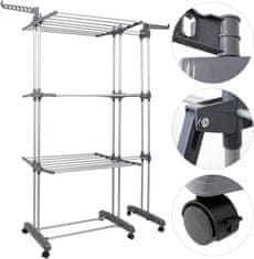 Nikcorp Stalak za sušenje rublja vertikalni sklopivi, 3 razine, mobilni na kotačima, za unutarnju i vanjsku upotrebu, sivi