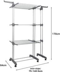 Nikcorp Stalak za sušenje rublja vertikalni sklopivi, 3 razine, mobilni na kotačima, za unutarnju i vanjsku upotrebu, sivi