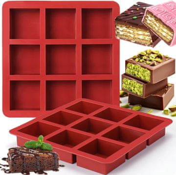 Nikcorp Silikonski kalup za čokoladu i kolače 2 kom, velike kocke 6x6cm, za brownie, praline, led, BPA Free, crveni