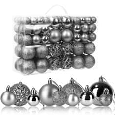 Nikcorp Set 100 kuglica za bor, nelomljive božićne dekoracije, 4 stila i 3 veličine, ukrasi za jelku, srebrne