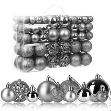 Nikcorp Set 100 kuglica za bor, nelomljive božićne dekoracije, 4 stila i 3 veličine, ukrasi za jelku, srebrne
