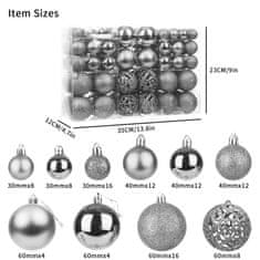 Nikcorp Set 100 kuglica za bor, nelomljive božićne dekoracije, 4 stila i 3 veličine, ukrasi za jelku, srebrne