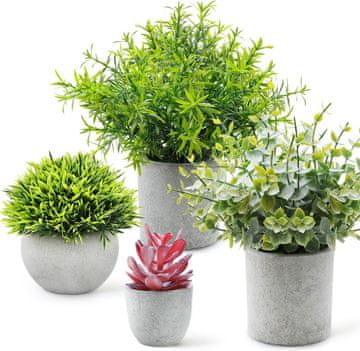 Nikcorp Umjetne biljke u tegli set 4 kom, realistične zelene biljke za dekoraciju doma i ureda, bez održavanja, siva tegla