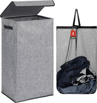 Nikcorp Košara za rublje 100L s poklopcem i odvojivom vrećom, sklopiva za kupaonicu i spavaću sobu, čvrsta konstrukcija, siva 42x33x74 cm