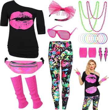 Nikcorp Ženski kostim 80-e, kompletan set za party, retro disco neon outfit za maškare, Halloween, karneval, roza/crna, XXXL