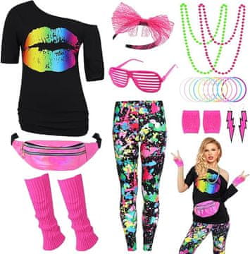 Nikcorp Ženski kostim 80-e za maškare, kompletan set za tematski party, retro disco neon kostim za Halloween, karneval, XXL