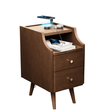 Nikcorp Noćni ormarić od punog drva s 2 ladice i policama, ugrađena stanica za punjenje s USB priključcima, tamni orah