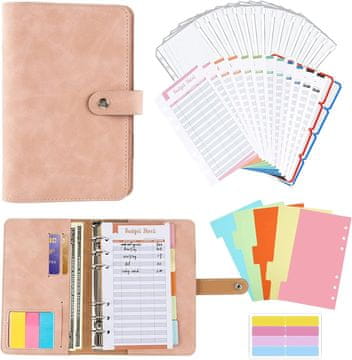 Nikcorp A6 planer za budžetiranje s 12 kuverti, organizator za novac i financije, PU koža, 6 prstenova, rozi A6