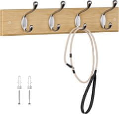 Nikcorp Drvena zidna vješalica za odjeću, 4 metalne kuke za jakne i kapute, moderan dizajn za predsoblje, boja hrast, 40 cm