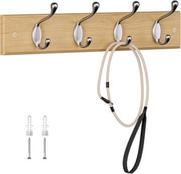 Nikcorp Drvena zidna vješalica za odjeću, 4 metalne kuke za jakne i kapute, moderan dizajn za predsoblje, boja hrast, 40 cm