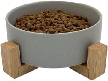 Nikcorp Keramička zdjela za pse i mačke s protukliznim bambus postoljem, 480 ml, za vodu i hranu, periva u perilici posuđa, siva