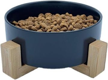 Nikcorp Keramička zdjela za pse i mačke sa stabilnim bambusovim postoljem, za hranu i vodu, periva u perilici, 480 ml, crna