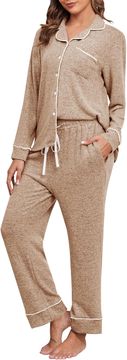 Nikcorp Ženska pidžama set mekana i udobna, majica dugih rukava i duge hlače za spavanje i odmor, boyfriend kroj, smeđa XL