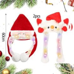 Nikcorp Set božićnih LED kapa Djed Božićnjak i Snjegović s pomičnim ušima, 2 kom, plišane svjetleće kape za djecu i odrasle