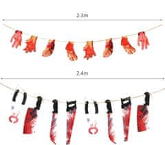 Nikcorp Girlanda za Halloween, set 2 kom, ukrasna zastavica s krvavim noževima i otiscima ruku, horor dekoracija za zabave, 2,4 m