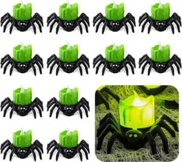 Nikcorp Set 12x LED svijeća u obliku pauka, sigurna dekoracija za Halloween, na baterije, toplo žuto svjetlo, zelene, 8,5 cm