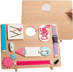 Nikcorp Drvena Montessori ploča za vježbanje, edukativna igračka za razvoj motorike s 10 aktivnosti, prirodna boja drva