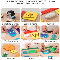 Nikcorp Drvena Montessori ploča za vježbanje, edukativna igračka za razvoj motorike s 10 aktivnosti, prirodna boja drva