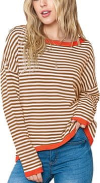 Nikcorp Ženski pleteni pulover od mekanog pamuka za jesen i zimu, udoban ležerni kroj s prugama i okruglim izrezom, smeđi XL