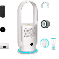 Nikcorp Ventilator bez lopatica s pročišćivačem zraka, 3 načina rada, 9 brzina, HEPA filter, daljinski upravljač, bijeli, 80 cm