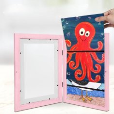 Nikcorp Okvir za slike A4, drveni dječji okvir za crteže s pohranom, prednje otvaranje, za 50-150 radova, zidni, rozi 32x24 cm