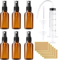 Nikcorp Set 6 staklenih bočica s raspršivačem za putovanja, višekratne, za parfeme i eterična ulja, s dodacima, smeđe, 10 ml