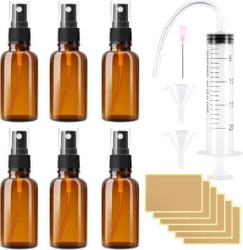 Nikcorp Set 6 staklenih bočica s raspršivačem za putovanja, višekratne, za parfeme i eterična ulja, s dodacima, smeđe, 10 ml