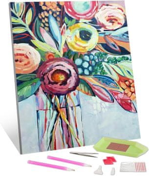 Nikcorp Set za dijamantno slikanje 5D za opuštanje i kreativnost, DIY mozaik s cvijećem u vazi, samoljepljivo platno, 30x45 cm