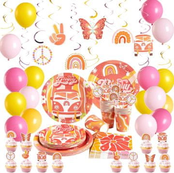 Nikcorp Set za rođendan Boho Duga, kompletne dekoracije za dječje zabave, tanjuri, čaše, baloni, banner, 125 komada