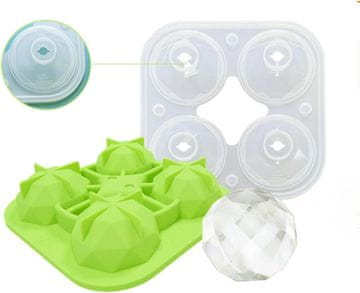 Nikcorp Silikonski kalup za led kugle za viski i koktele, 4 velike dijamantne kugle promjera 5 cm, BPA free, zeleni