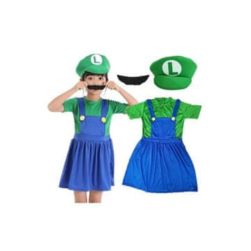 Nikcorp Kostim Luigi Super Mario Bros haljina za djevojčice, udoban i elastičan za igru, s kapom i brkovima, zelena, vel. S (98-103 cm)