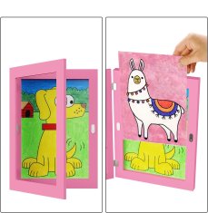 Nikcorp Drveni okvir za dječje crteže i slike A4, s prednjim otvaranjem i pohranom, za zid ili stol, rozi