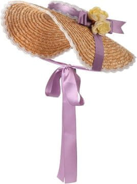 Nikcorp Slamnati šešir za sunce s cvijećem, elegantna zaštita za plažu i ljeto, viktorijanski stil s čipkom i trakama, ljubičasti