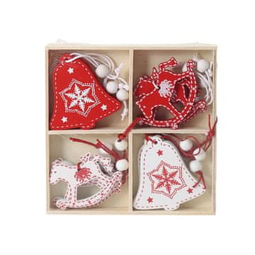 Nikcorp Božićni ukrasi drveni privjesci za bor, set 12 komada, glatko polirano drvo s vezicom za vješanje, crveni i bijeli