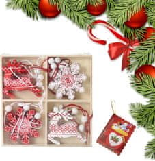 Nikcorp Drveni Božićni Ukrasi za Bor, Set 12 komada, privjesci za jelku s vezicom, prirodno drvo, crvena i bijela boja